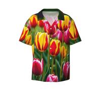 JGHHOUN Chemise hawaïenne à manches courtes avec imprimé tulipes rouges pour hommes, chemises hawaïennes d'été, plage, vacances, Noir , M