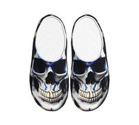 JGHHOUN Pantoufles en flanelle avec imprimé tête de mort et rayures bleues pour intérieur et extérieur TPR semelle antidérapante souple