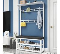 JGJSQYY Banc à chaussures 3 en 1 en métal avec 10 crochets et 2 niveaux de rangement pour chaussures, organiseur d'entrée moderne, assemblage facile, noir, 100 x 30 x 172 cm