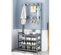JGJSQYY Élégant porte-manteau et banc à chaussures 3 en 1 à 4 niveaux pour entrée autonome en bois avec double crochets, parfait pour couloir et vestiaire, finition grise
