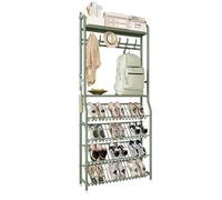 JGJSQYY Étagère à chaussures étroite en métal avec porte-manteau pour entrée, organiseur de rangement haut pour économiser de l'espace avec 4 étagères inclinées et étagère supérieure, design