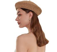 JH JOEJERRY Béret en paille pour femme Chapeaux de béret pour femme Artiste Crochet Béret Kaki