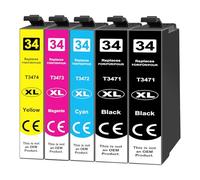 Jhaan Lot de 5 cartouches d'encre 34XL compatibles avec Epson 34 XL et 34XL Compatible avec les imprimantes Epson Workforce Pro WF-3720DWF WF-3725DWF WF-3720 WF-3725 WF3725 WF3720 WF 3725
