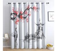 JHAHZJ Rideau Occultant Style Japonais, Rideaux Thermiques à Oeillets pour Salon Chambre Fenetre, Motif Fleur Grue Paysage Rideaux Lot De 2 Moderne Décoration De Fenêtre, 110x215 cm (L x H)