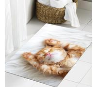 JHAOUNUK Tapis de Bain Antiderapant en Microfibre Douce,Tapis de Salle de Bain Lavable en Machine,Un Mignon Petit Chaton Rouge dort sur Une Couverture Blanche en Fourrure,60x90cm