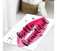 JHAOUNUK Tapis de bain doux 60 x 90 cm, bonjour, forme de lèvre à l'aquarelle, avec un phrase d'amour sur le cœur, antidérapant, lavable, tapis de bain moelleux, absorbant
