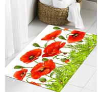 JHAOUNUK Tapis de bain doux 60 x 90 cm, frontière horizontale avec coquelicots rouges, coquelicots, camomille, coquelicots sauvages, antidérapant, lavable, tapis de bain moelleux absorbant