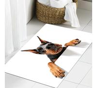 JHAOUNUK Tapis de bain doux 60 x 90 cm, je vais à vous. Gros plan, portrait d'un doberman grimpant, antidérapant et lavable, tapis de bain moelleux absorbant