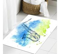 JHAOUNUK Tapis de salle de bain doux 60 x 90 cm, décor musical jazz, aquarelle croquis, image de saxophone décoratif, antidérapant, lavable, tapis de bain moelleux absorbant