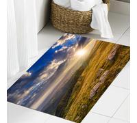 JHAOUNUK Tapis de salle de bain doux 60 x 90 cm, naturel, paysage de collines de montagne avec des rayons de soleil clairs sur la prairie, antidérapant, lavable, tapis de bain moelleux absorbant