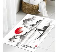 JHAOUNUK Tapis de salle de bain doux, 60 x 90 cm, paysage avec collines, soleil, lac et pêcheurs dans le japonais traditionnel, antidérapant, lavable, tapis de bain moelleux, absorbant
