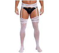 Jhaoyu Collants Pour Homme Sissy Dentelle Suspende Garçonne Entrouvert La Croupe Transparents Et Élastiques Blanc Taille unique