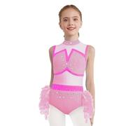 Jhaoyu Combinaison Danse Moderne Gymnastique Jazz Latin Pour Filles Enfants Sans Manches Avec Jupette Ornée Paillettes Et Plumes Rose 15-16 ans