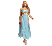 Jhaoyu Costume Cosplay Reine Lancien Egypte Pour Femme Blouse Collier Déhalé Avec Jupe Fente Latérale Et Slip Bleu clair 3XL
