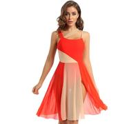 Jhaoyu Costume De Danse Contemporaine Lyrique Moderne pour Femmes Justaucorp avec Jupe en Tulle Fendue Robe Fluide Orange XL