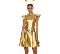 Jhaoyu Costume Déguisement Robot Alien Lespace Extra Planétaire Pour Femme Catsuit Métallique Brillant Avec Cerceau Cheveux Laine Or M