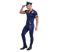 Jhaoyu Déguisement Agent De Police Homme Combinaison Collant Avec Chapeau Ceinture Menottes Policier Costume Cosplay Pour Halloween Mascarade Club Bleu M