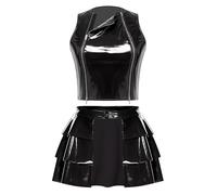 Jhaoyu Femme Pièces Sets Body Ajusté Danse Gogo Ensemble Jupes En Forme A Harajuku Uniforme Ensemble Holographique Outfit Soirée Thème Noir XL