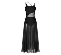 Jhaoyu Lyrical Womens Modern Contemporary Dance Leotard Split Tulle Skirt Flowy Overlay Dress Noir XS