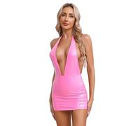 Jhaoyu Robe Crayon pour Femmes en Latex Mini Robe en Similicuir avec Découpes Harnais Dos Nu Coupe Ajustée Effet Mouillé pour Soirée Rose L