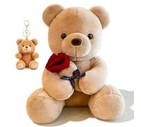 JhavexToy Ours Peluche Beige avec Rose Rouge & Porte-clés Mini Ours - Peluche Douce Déco Chambre, Cadeau Mignon pour Maman, Amie, Anniversaire & Saint-Valentin