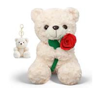 JhavexToy Peluche Ours Blanc avec Rose Rouge & Porte-clés Mini Ours - Accessoire Doux, Cadeau Parfait de Saint-Valentin ou Anniversaire pour Mère, Amie à des Moments Spéciaux, 20cm