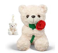 JhavexToy Peluche Ours Blanc avec Rose Rouge & Porte-clés Mini Ours - Accessoire Doux, Cadeau Parfait de Saint-Valentin ou Anniversaire pour Mère, Amie à des Moments Spéciaux, 20cm