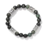 JHBTFQ Bracelet En Pierre Naturelle de 8 mm Avec 4 Perles Runiques Viking, Bijou Spirituel Amulette Nordique Pour Hommes Et Femmes Cordon Extensible de 19 cm,Moss agate