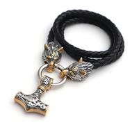 JHBTFQ Gold silver,50cm, Viking Homme Cuir Collier, 50/60/70/80cm Tressé Collier en Cuir avec Acier Inoxydable Loup d'Odin Mjölnir Pendentif Nordique Amulette Bijoux