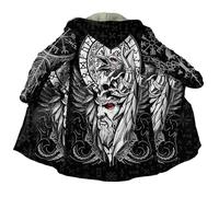 JHBTFQ Odin Viking Manteau Mi-Longueur Double Couche Faux Cachemire Automne l'hiver Chaleur Capuche Manteau Imprimé 3D Tatouage Cosplay Veste,Helm of awe,4XL