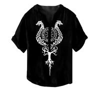 JHBTFQ T-Shirt Viking pour Homme Col Henry Manches Courtes Décontracté Boutons Tissu en Lin et Bambou Fin Été Shirt,Helm of awe Black,S