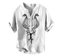 JHBTFQ T-Shirt Viking pour Homme Col Henry Manches Courtes Décontracté Boutons Tissu en Lin et Bambou Fin Été Shirt,Helm of awe White,XXL