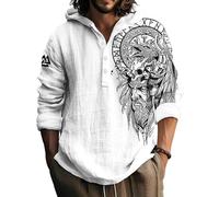 JHBTFQ Viking Hommes Sweat à Capuche Imprimé 3D Tissu en Lin et Bambou Col Boutonné Chemise à Manches Longues Cadeau Nordique,God of Odin,3XL