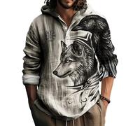 JHBTFQ Viking Hommes Sweat à Capuche Imprimé 3D Tissu en Lin et Bambou Col Boutonné Chemise à Manches Longues Cadeau Nordique,Wolf Raven,S