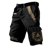 JHBTFQ Viking Short de Randonnée Séchage Rapide Multi-Poches Impression 3D Cargo/Sport/Travail Été Hommes Shorts Cadeau Nordique(sans Ceinture),Odin's Horn,L