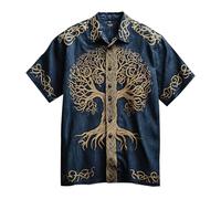 JHBTFQ Viking Yggdrasil/Arbre de Vie Chemise en Lin Manches Courtes Imprimé 3D Hawaïen Vintage Femmes Hommes Hauts Cadeau Nordique,Bleu,M