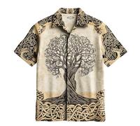 JHBTFQ Viking Yggdrasil/Arbre de Vie Chemise en Lin Manches Courtes Imprimé 3D Hawaïen Vintage Femmes Hommes Hauts Cadeau Nordique,café,S