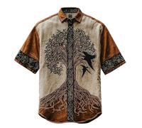 JHBTFQ Viking Yggdrasil/Arbre de Vie Chemise en Lin Manches Courtes Imprimé 3D Hawaïen Vintage Femmes Hommes Hauts Cadeau Nordique,Raven,XXL