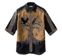 JHBTFQ Viking Yggdrasil/Arbre de Vie Chemise en Lin Manches Courtes Imprimé 3D Hawaïen Vintage Femmes Hommes Hauts Cadeau Nordique,Hugin Munin,XS