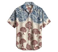 JHBTFQ Viking Yggdrasil/Arbre de Vie Chemise en Lin Manches Courtes Imprimé 3D Hawaïen Vintage Femmes Hommes Hauts Cadeau Nordique,Red Forest,XS