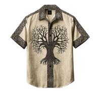 JHBTFQ Viking Yggdrasil/Arbre de Vie Chemise en Lin Manches Courtes Imprimé 3D Hawaïen Vintage Femmes Hommes Hauts Cadeau Nordique,Yggdrasil,4XL