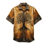 JHBTFQ Viking Yggdrasil/Arbre de Vie Chemise en Lin Manches Courtes Imprimé 3D Hawaïen Vintage Femmes Hommes Hauts Cadeau Nordique,Marron,5XL