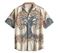 JHBTFQ Viking Yggdrasil/Arbre de Vie Chemise en Lin Manches Courtes Imprimé 3D Hawaïen Vintage Femmes Hommes Hauts Cadeau Nordique,Tree of Life,5XL