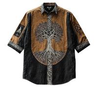 JHBTFQ Viking Yggdrasil/Arbre de Vie Chemise en Lin Manches Courtes Imprimé 3D Hawaïen Vintage Femmes Hommes Hauts Cadeau Nordique,Black Brown,5XL