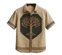 JHBTFQ Viking Yggdrasil/Arbre de Vie Chemise en Lin Manches Courtes Imprimé 3D Hawaïen Vintage Femmes Hommes Hauts Cadeau Nordique,Kaki,3XL