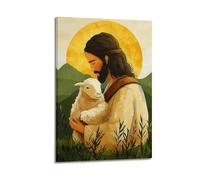 JHKJTK Affiches sur toile moderne de style famille - Art Jésus pastoral agneau tenant une figurine d'art sur toile avec cadre 50 x 75 cm