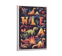 JHKJTK Impression sur toile abstraite minimaliste - Poster de dinosaure de style dessin animé pour enfants avec volcans et lettres - Affiche d'œuvre d'art pour décoration de chambre à coucher (40 x 60