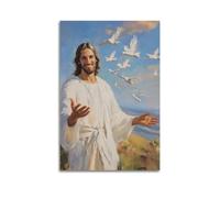 JHKJTK Poster mural moderne de famille - Impression sur toile portrait de Jésus religieux avec colombes en paysage - 40 x 60 cm - Sans cadre