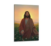 JHKJTK Poster mural moderne de famille - Jésus religieux debout dans un champ de fleurs au coucher du soleil - Œuvre d'art sur toile avec cadre - 50 x 75 cm