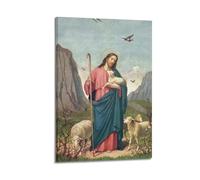 JHKJTK Poster mural moderne familial - Art Jésus Berger avec agneaux, image de paysage - Œuvre d'art sur toile de style cadre 50 x 75 cm
